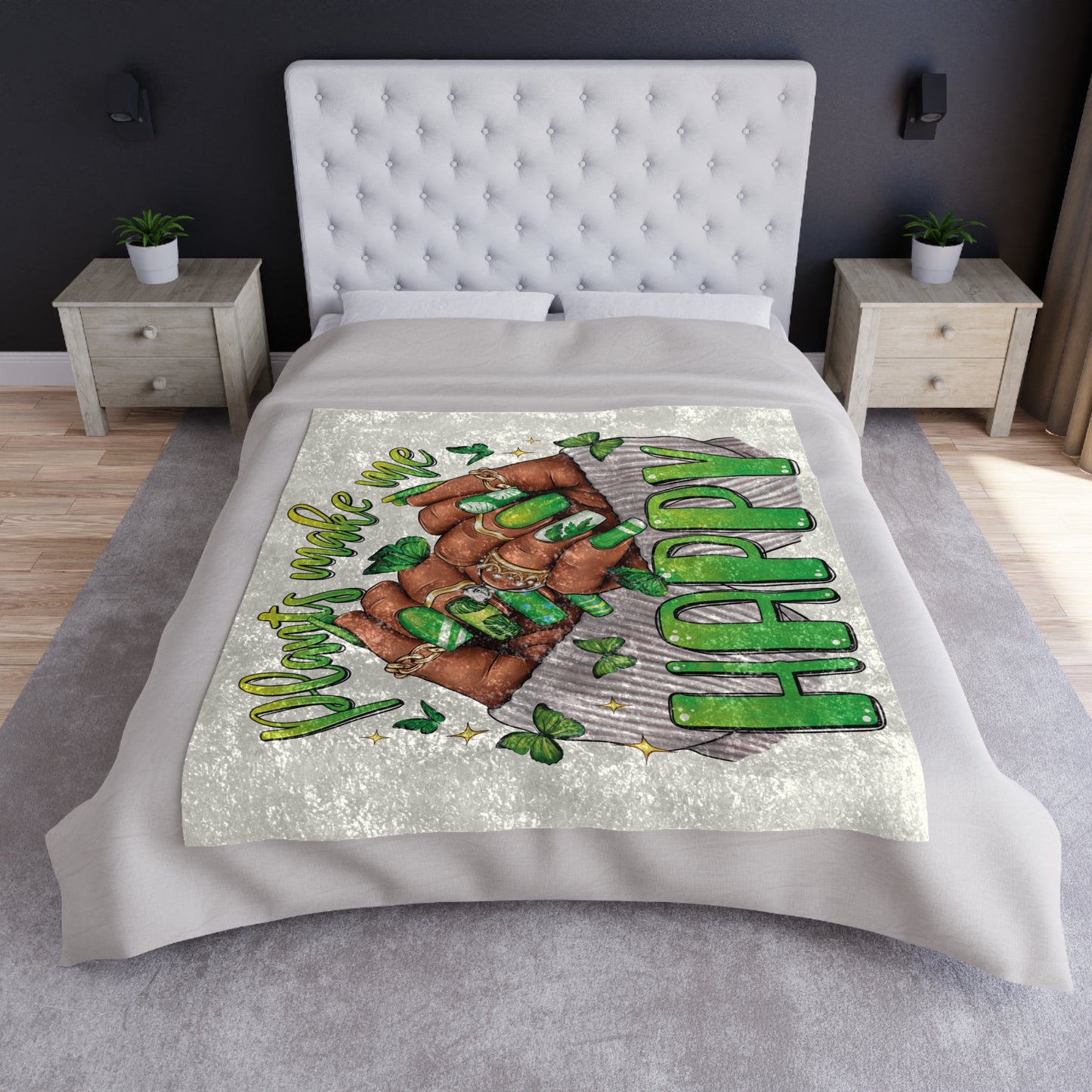 Crushed Velvet Blanket — "Plants Make Me Happy" Green Nail Plant Lover Throw