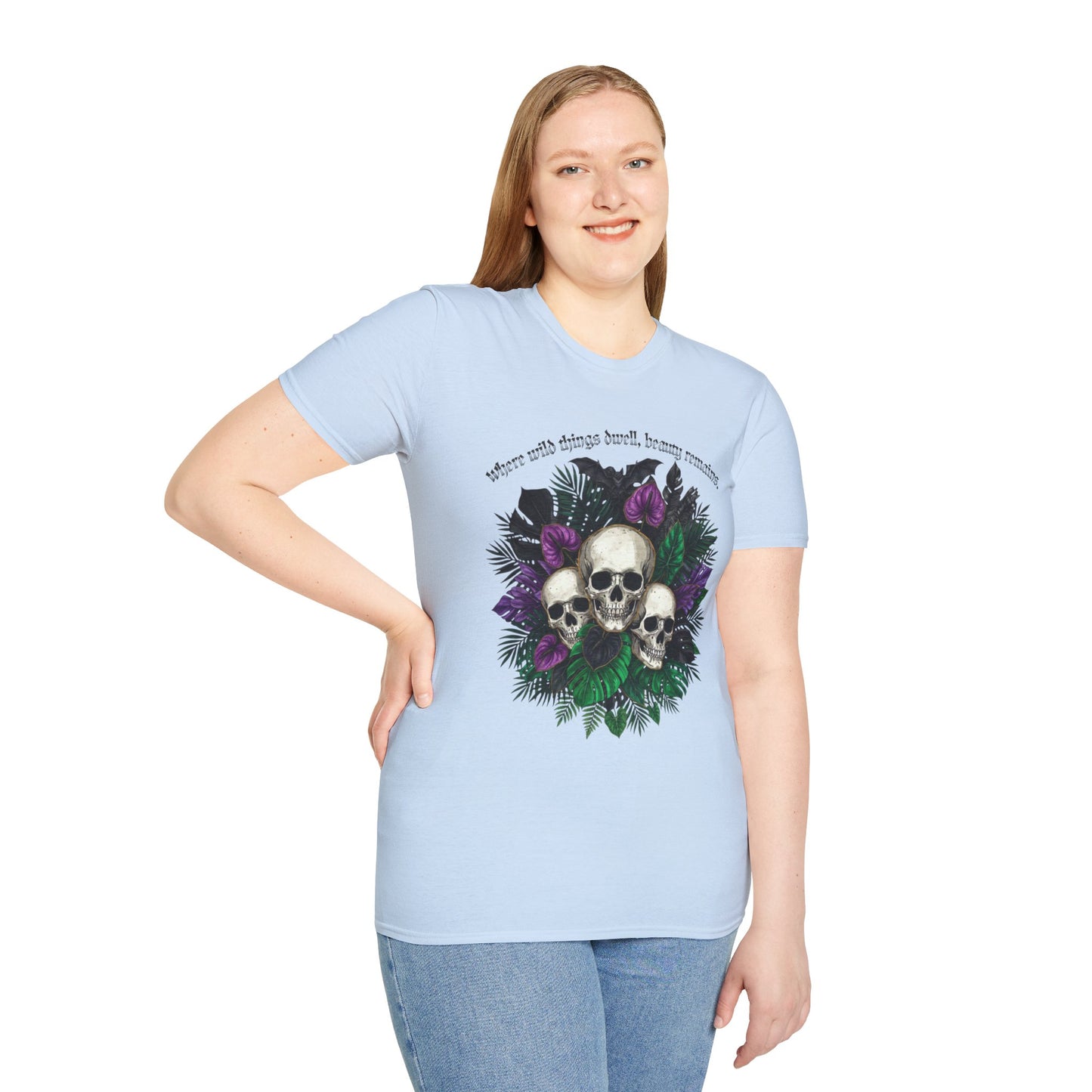 “Where wild things dwell, beauty remains” - Skull & Purple Floral Tee