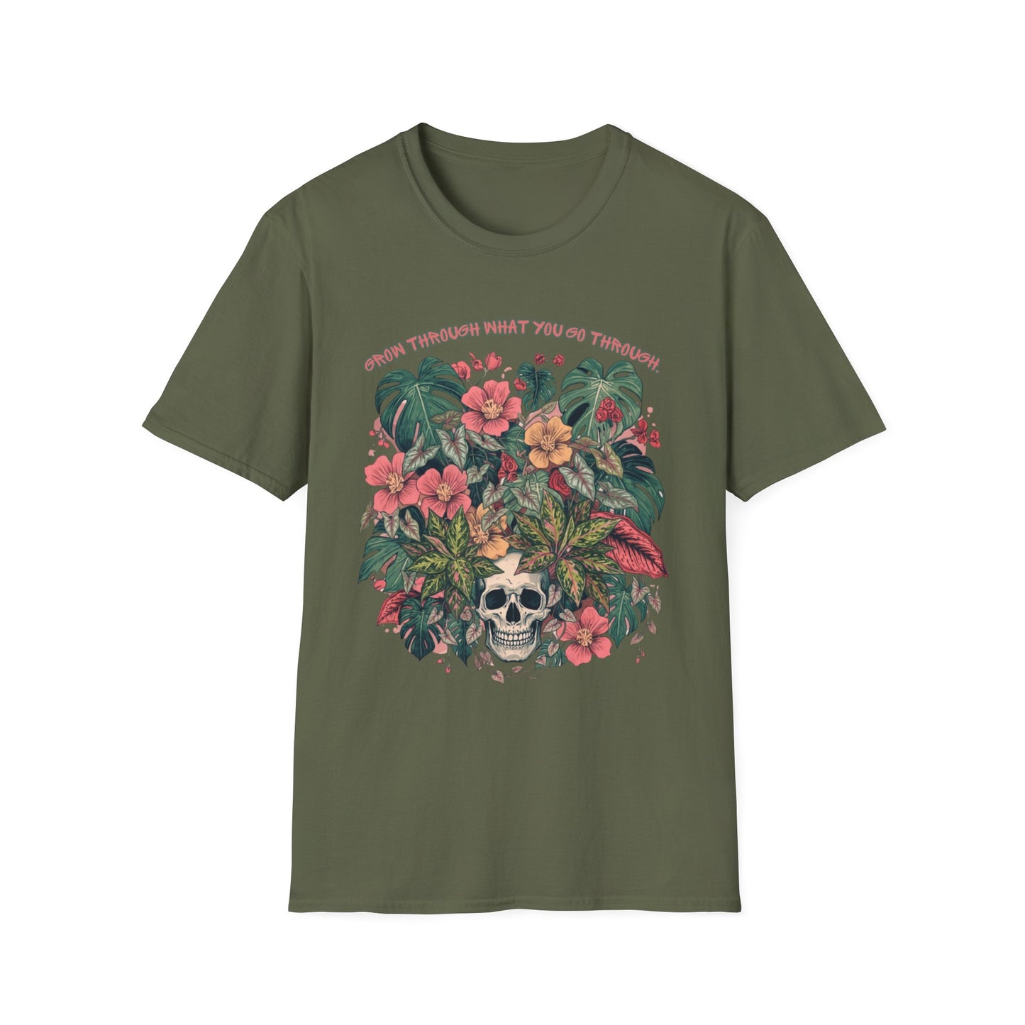 Grow Through What You Go Through - Floral Skull T-Shirt — "Grow Through What You Go Through" Inspirational Tee