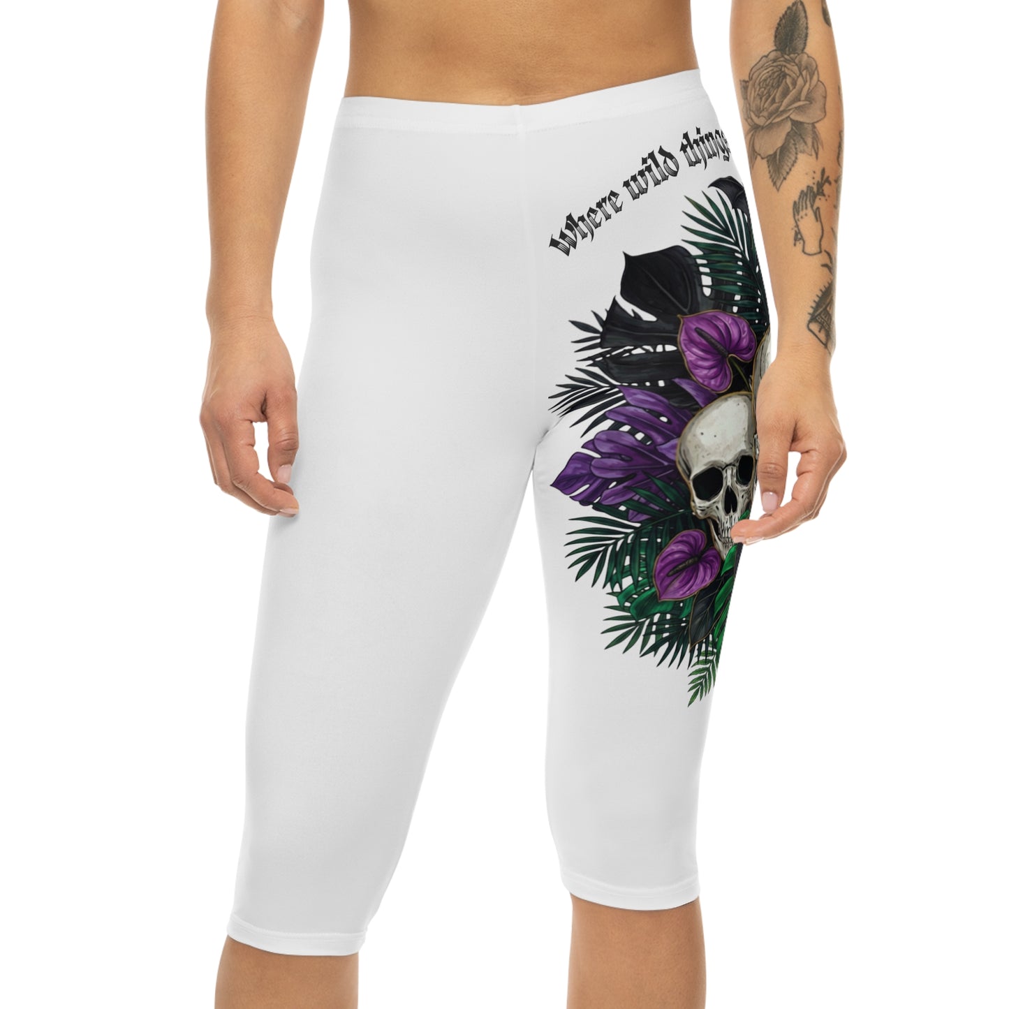 Skull & Purple Floral Capri Leggings