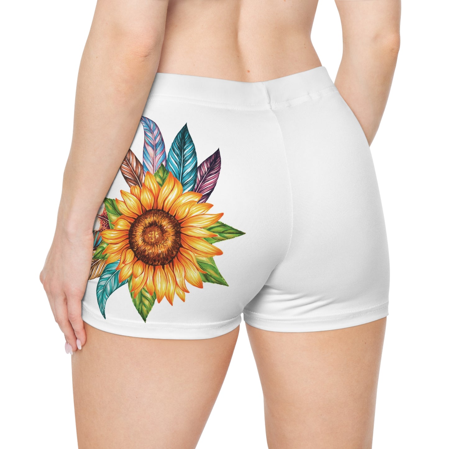 Sunflower Feather Womens Shorts — Floral Boho All-Over Print