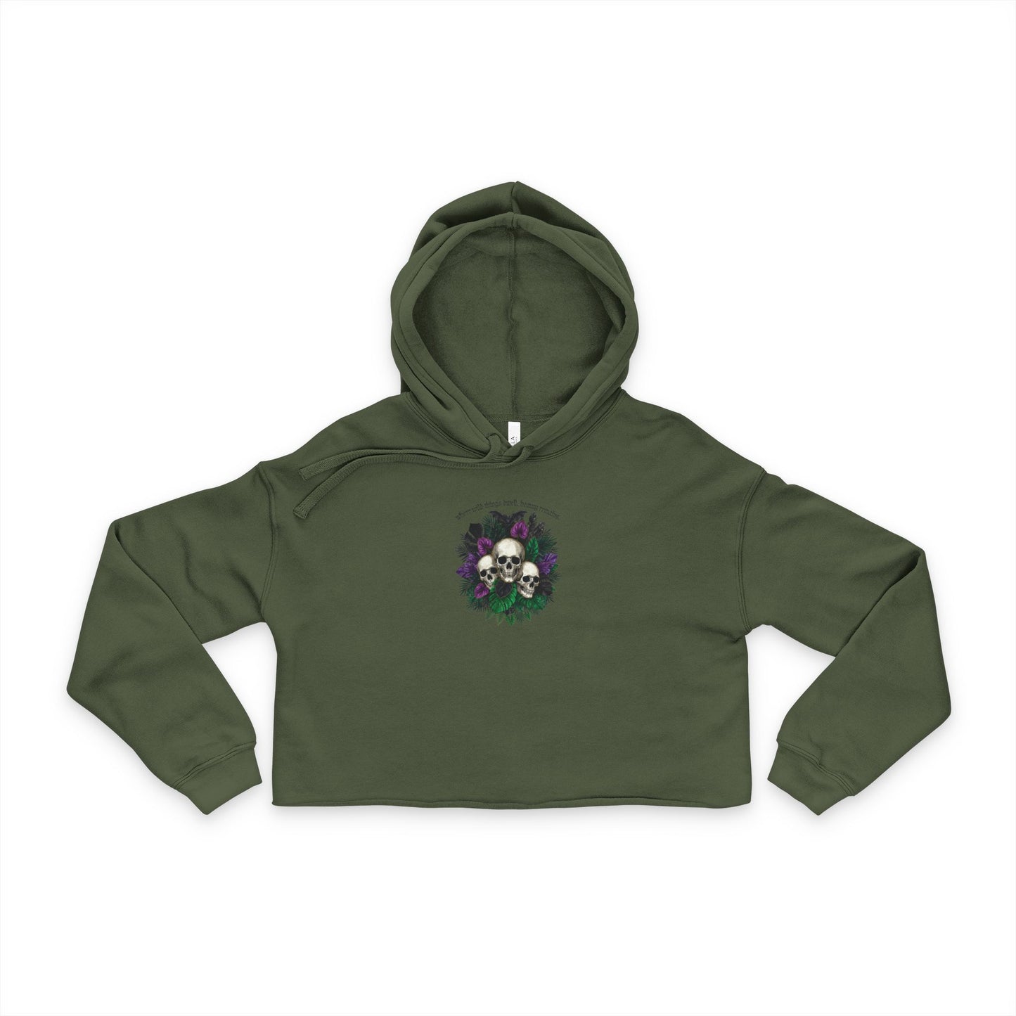 Where Wild Things Dwell, Beauty Remains- Skull Floral Cropped Hoodie — Women's Gothic Flower Skull Pullover
