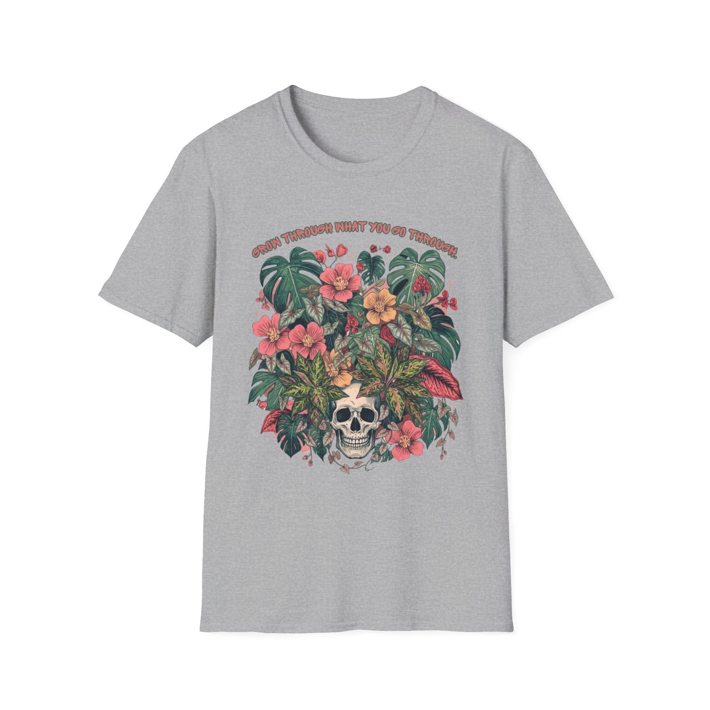 Grow Through What You Go Through - Floral Skull T-Shirt — "Grow Through What You Go Through" Inspirational Tee