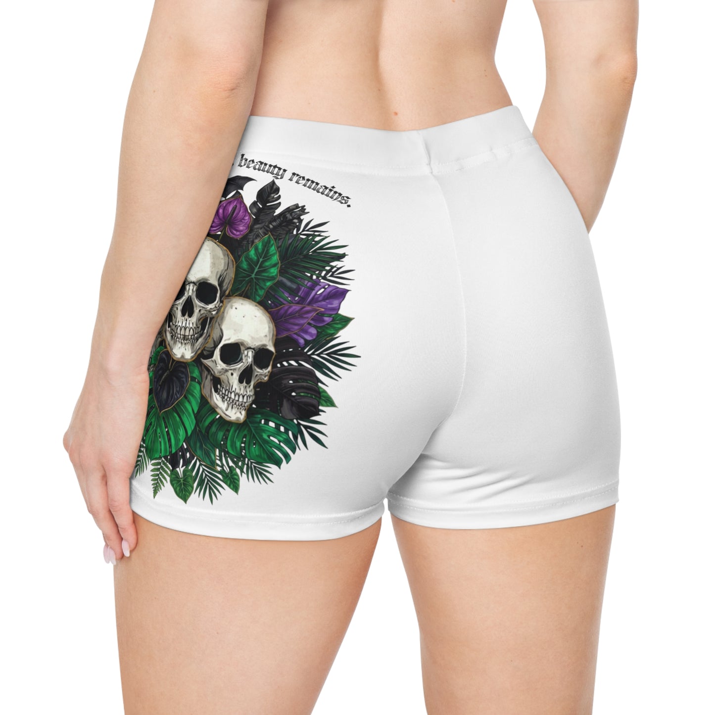 "Where Wild Things Dwell, Beaty Remains" - Skull & Tropical Floral Women's Shorts —