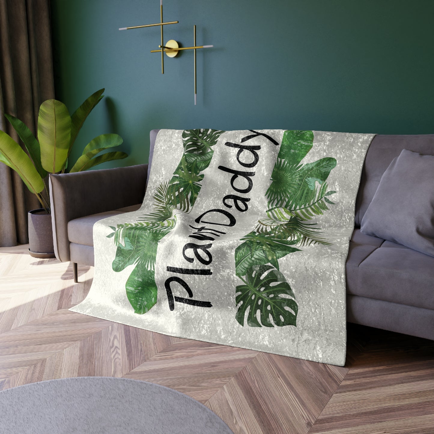 Plant Daddy Crushed Velvet Blanket – Tropical Green Leaf Throw for Plant Lovers