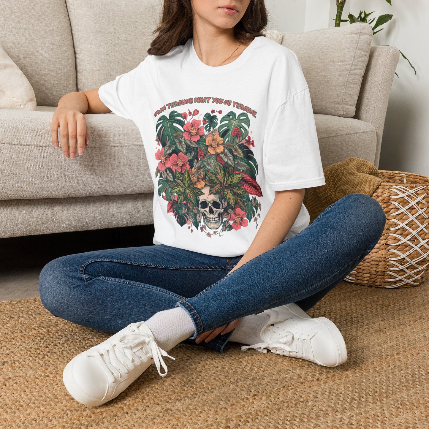 Grow Through What You Go Through - Floral Skull T-Shirt — "Grow Through What You Go Through" Inspirational Tee