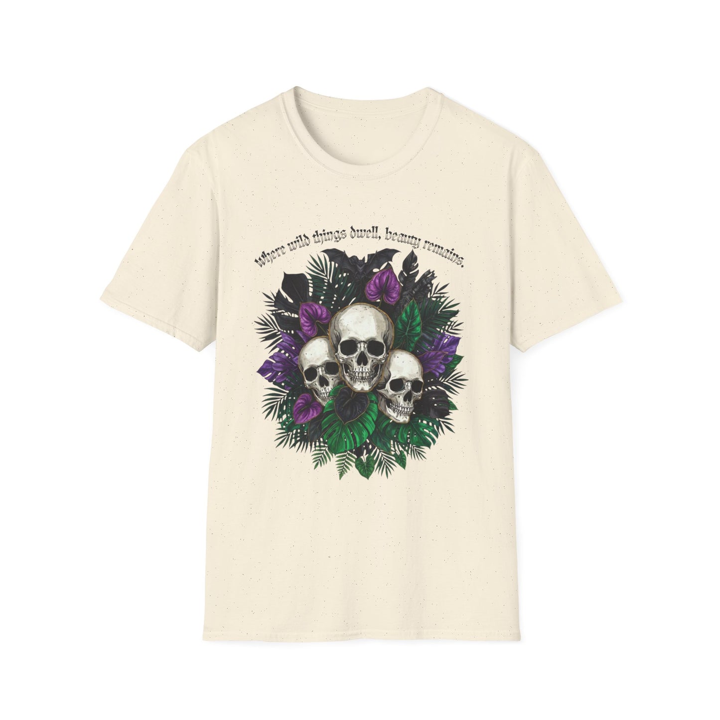 “Where wild things dwell, beauty remains” - Skull & Purple Floral Tee