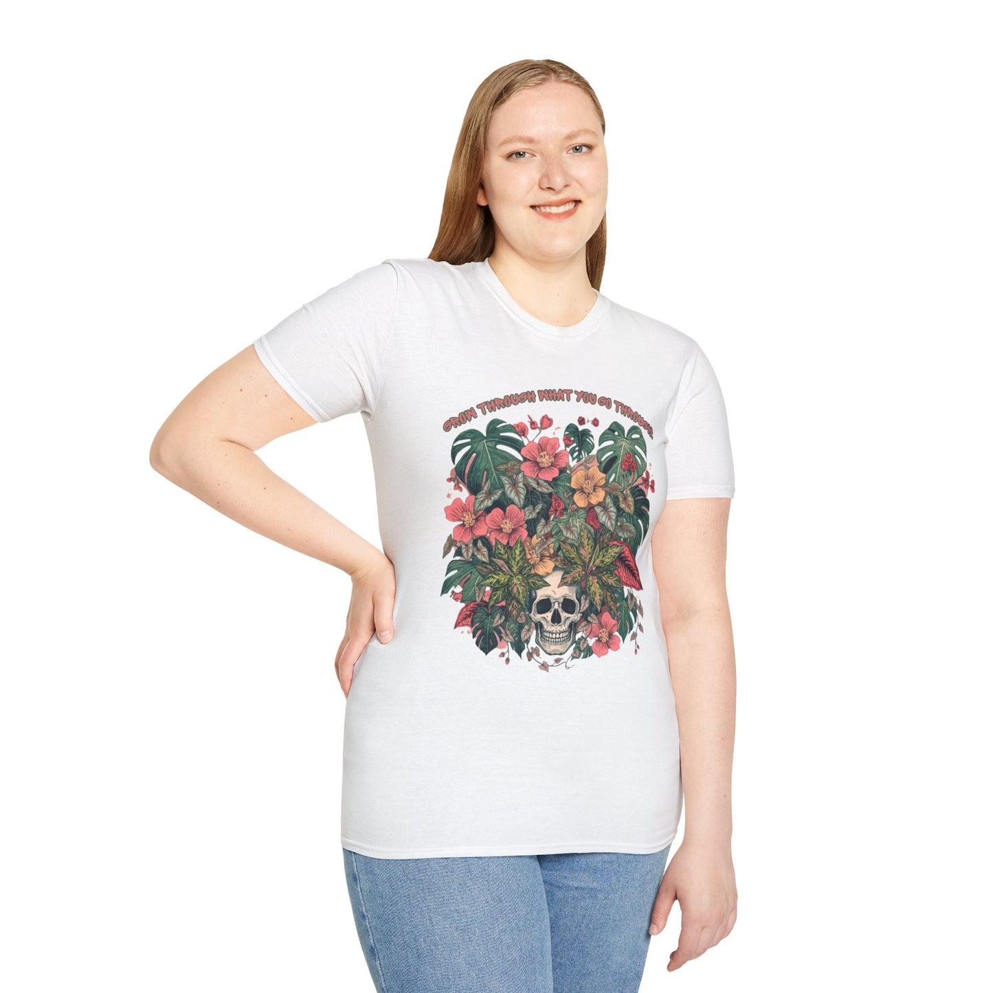 Grow Through What You Go Through - Floral Skull T-Shirt — "Grow Through What You Go Through" Inspirational Tee