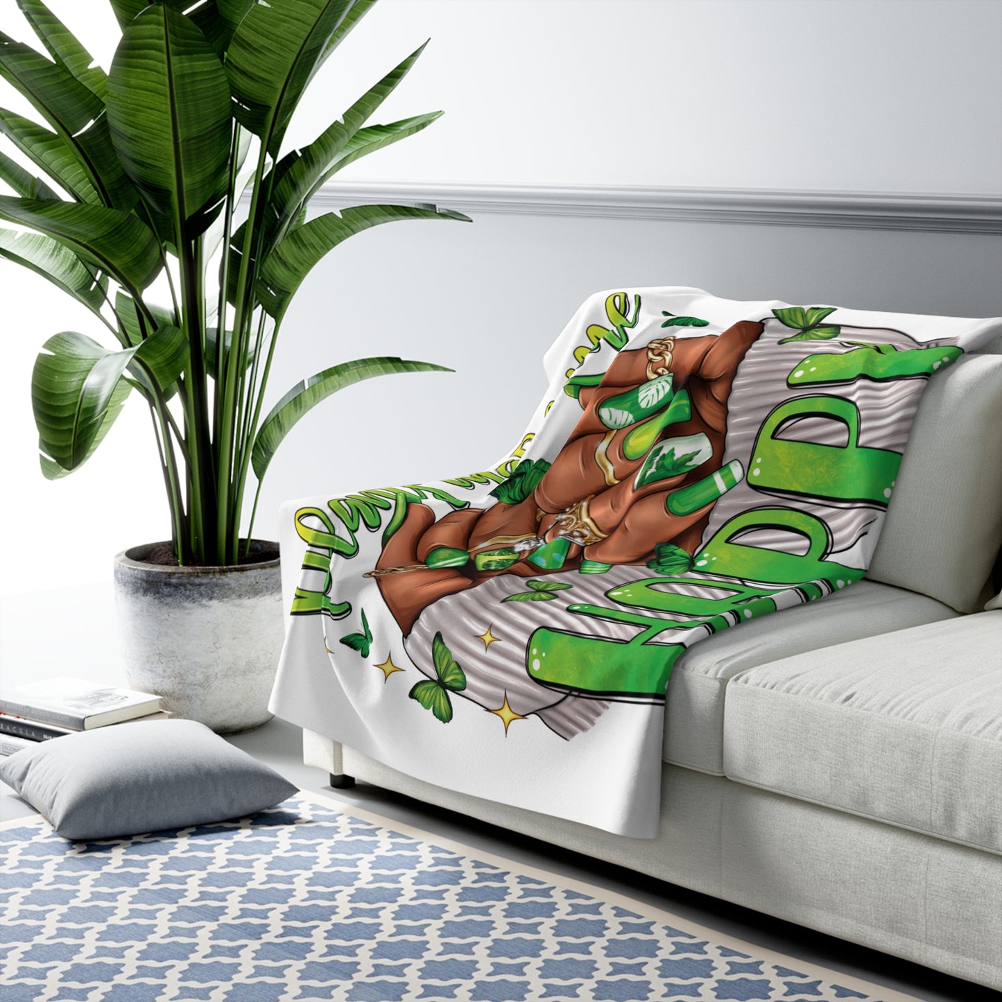 "Plants Make Me Happy"  Sherpa Fleece Blanket — Green Nails Cozy Throw