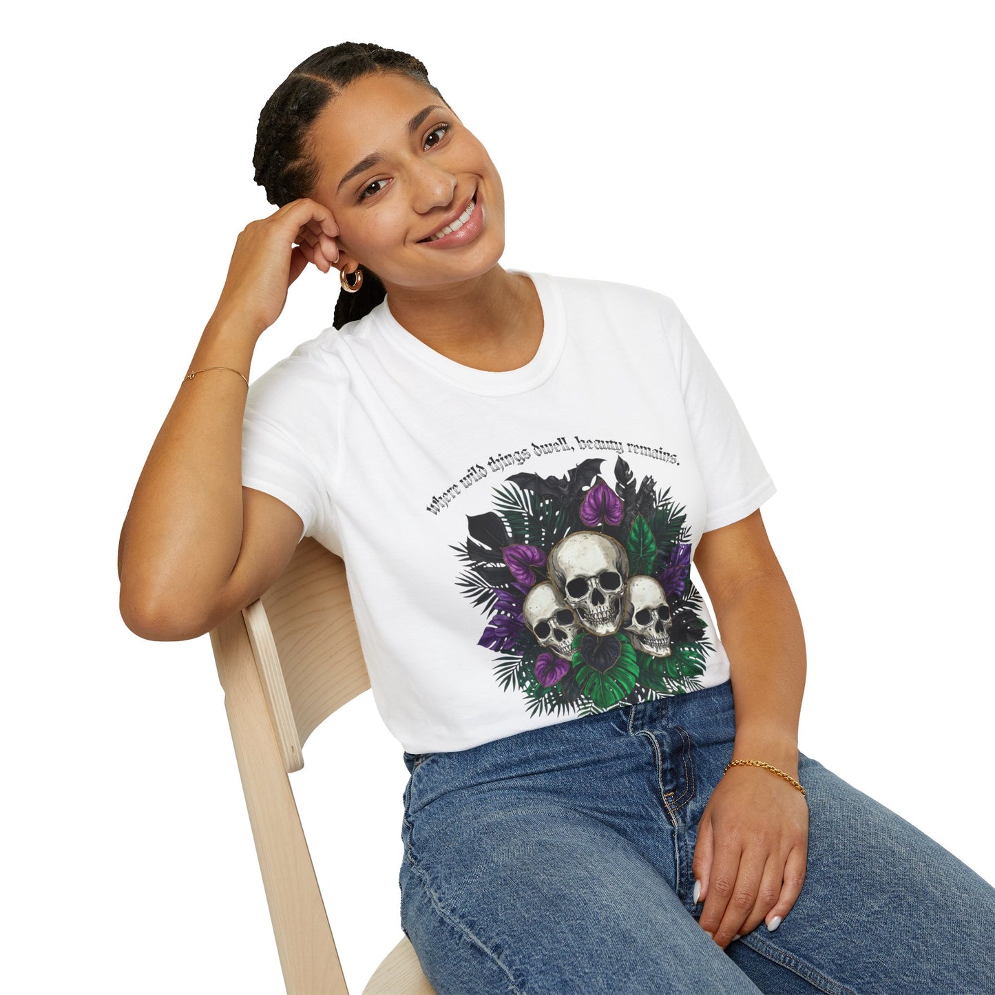 “Where wild things dwell, beauty remains” - Skull & Purple Floral Tee