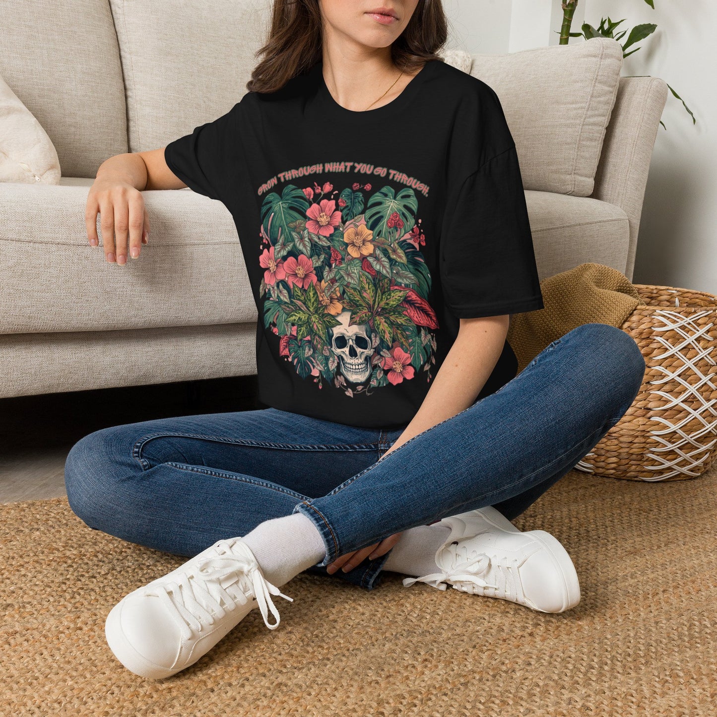 Grow Through What You Go Through - Floral Skull T-Shirt — "Grow Through What You Go Through" Inspirational Tee