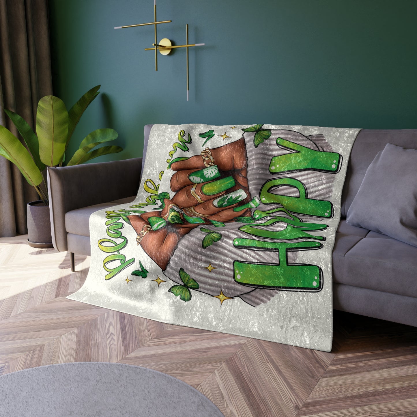 Crushed Velvet Blanket — "Plants Make Me Happy" Green Nail Plant Lover Throw