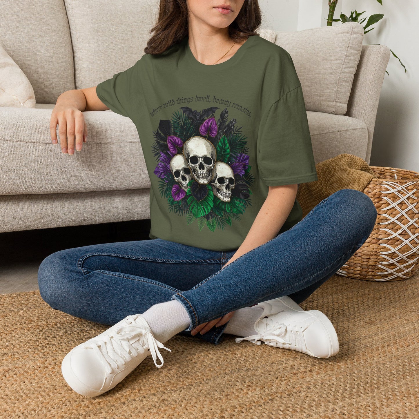 "Where wild things dwell, beauty remains"- Skull Floral Tee