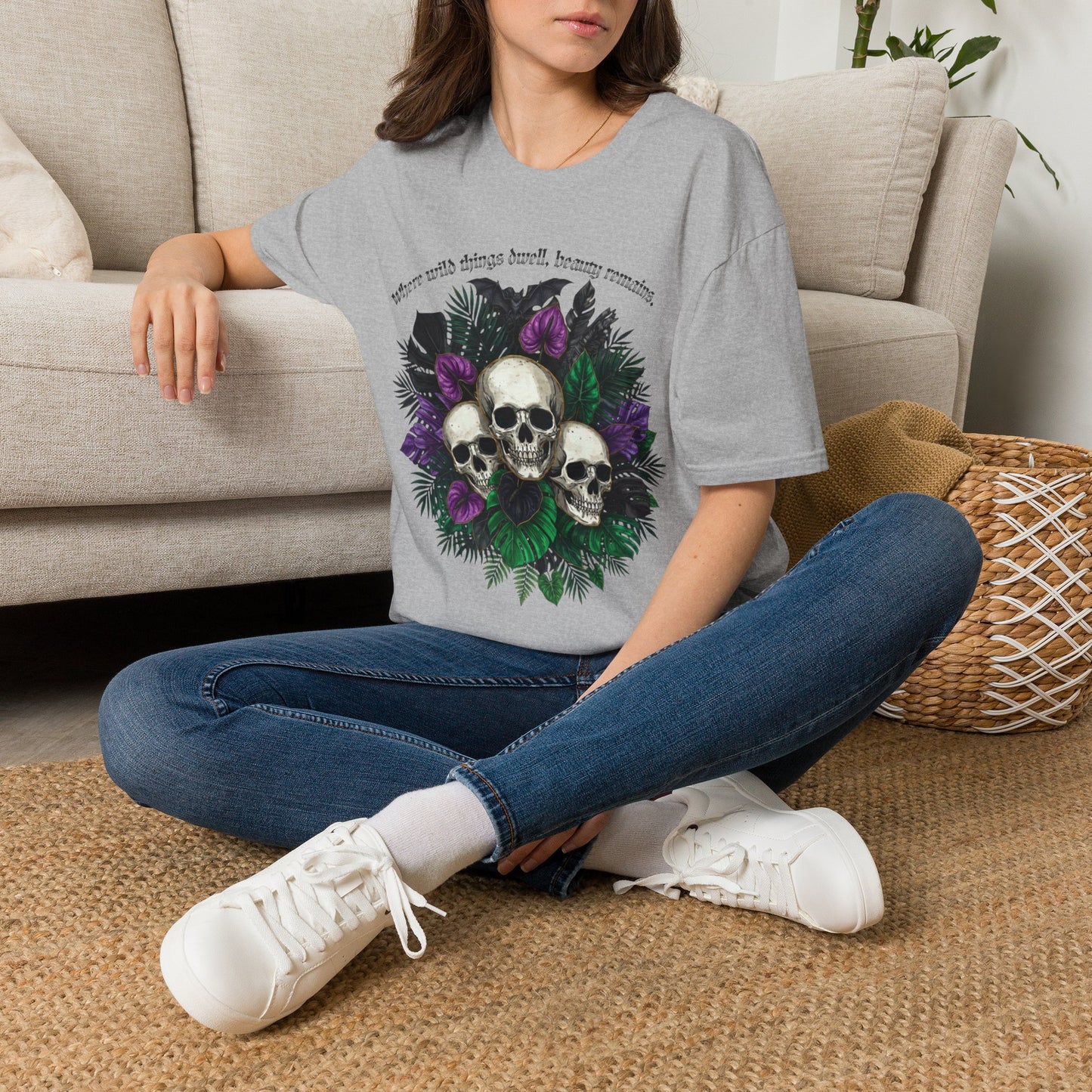 "Where wild things dwell, beauty remains"- Skull Floral Tee