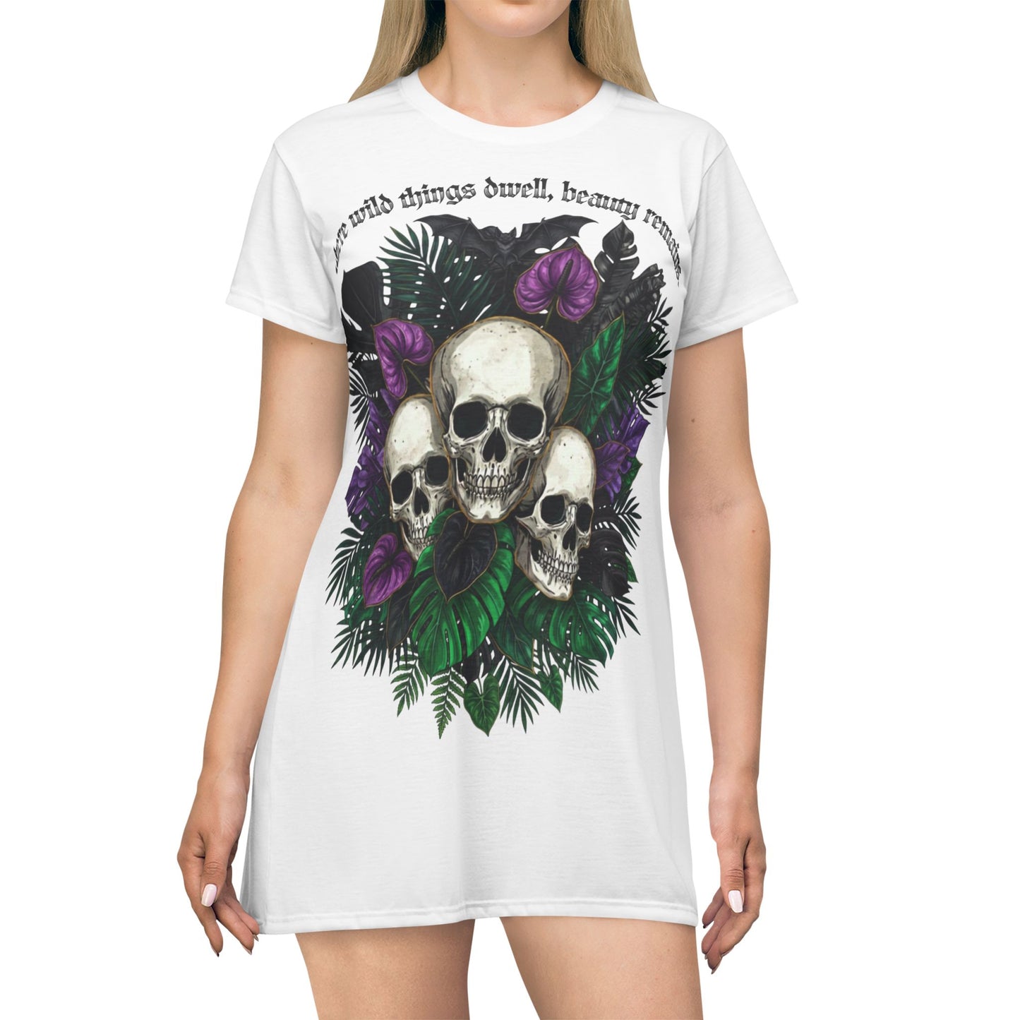 "Where Wild Things Dwell, Beauty Remains"- Skull Bouquet T-Shirt Dress — Gothic Floral Dress