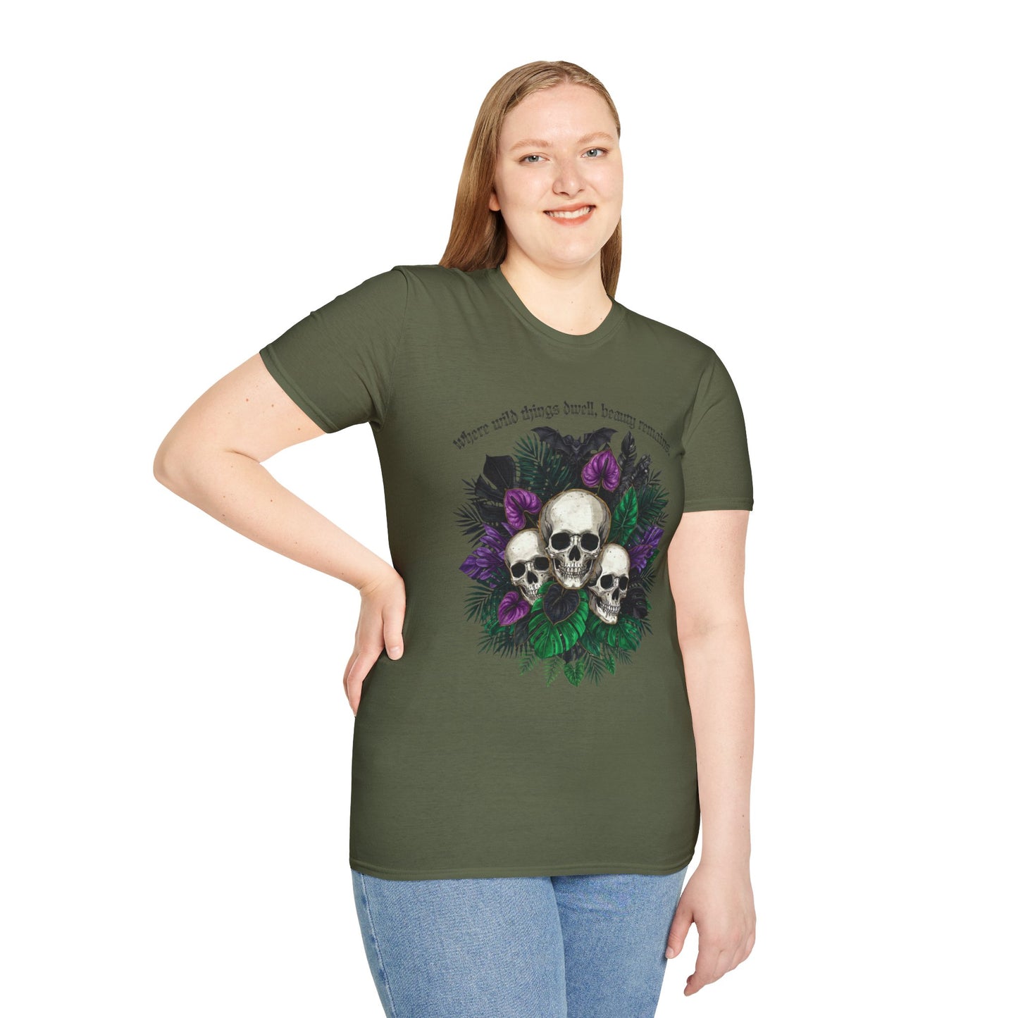 “Where wild things dwell, beauty remains” - Skull & Purple Floral Tee