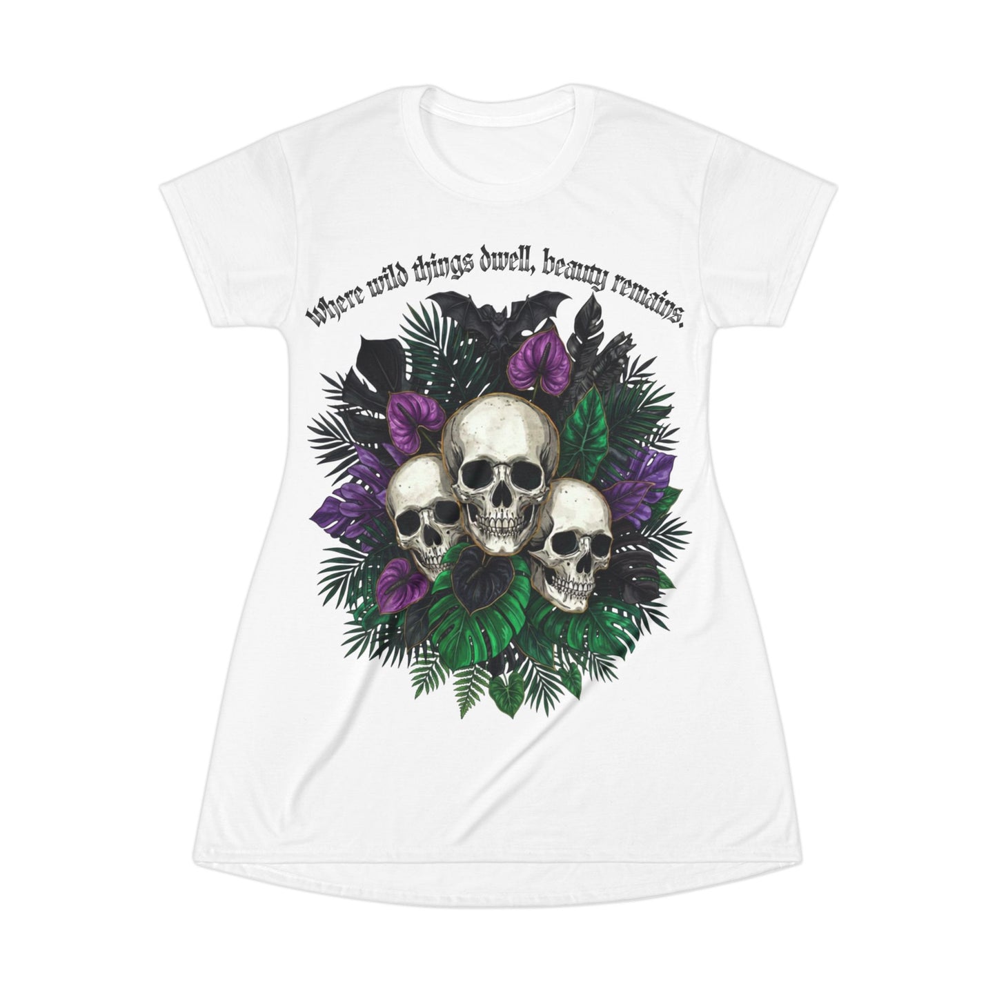 "Where Wild Things Dwell, Beauty Remains"- Skull Bouquet T-Shirt Dress — Gothic Floral Dress
