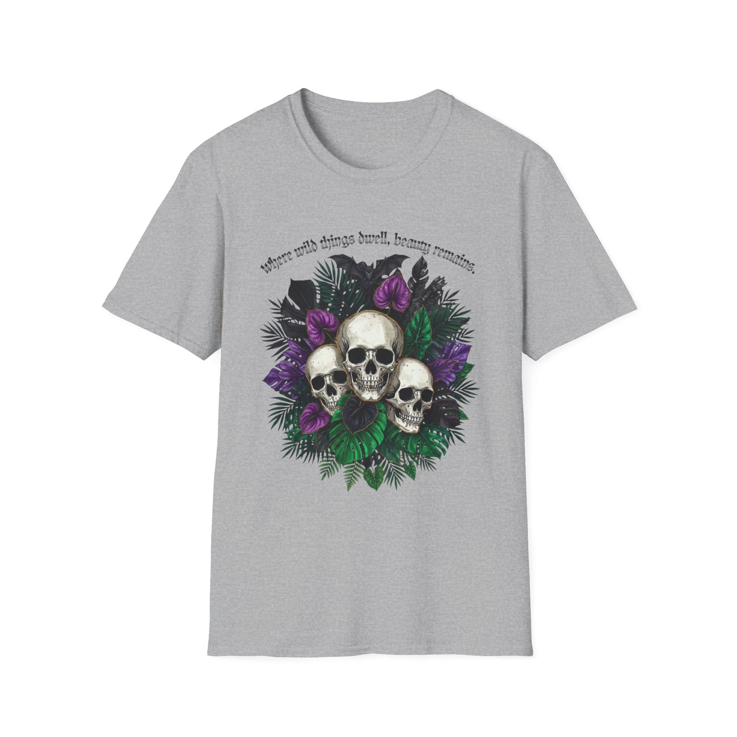 “Where wild things dwell, beauty remains” - Skull & Purple Floral Tee