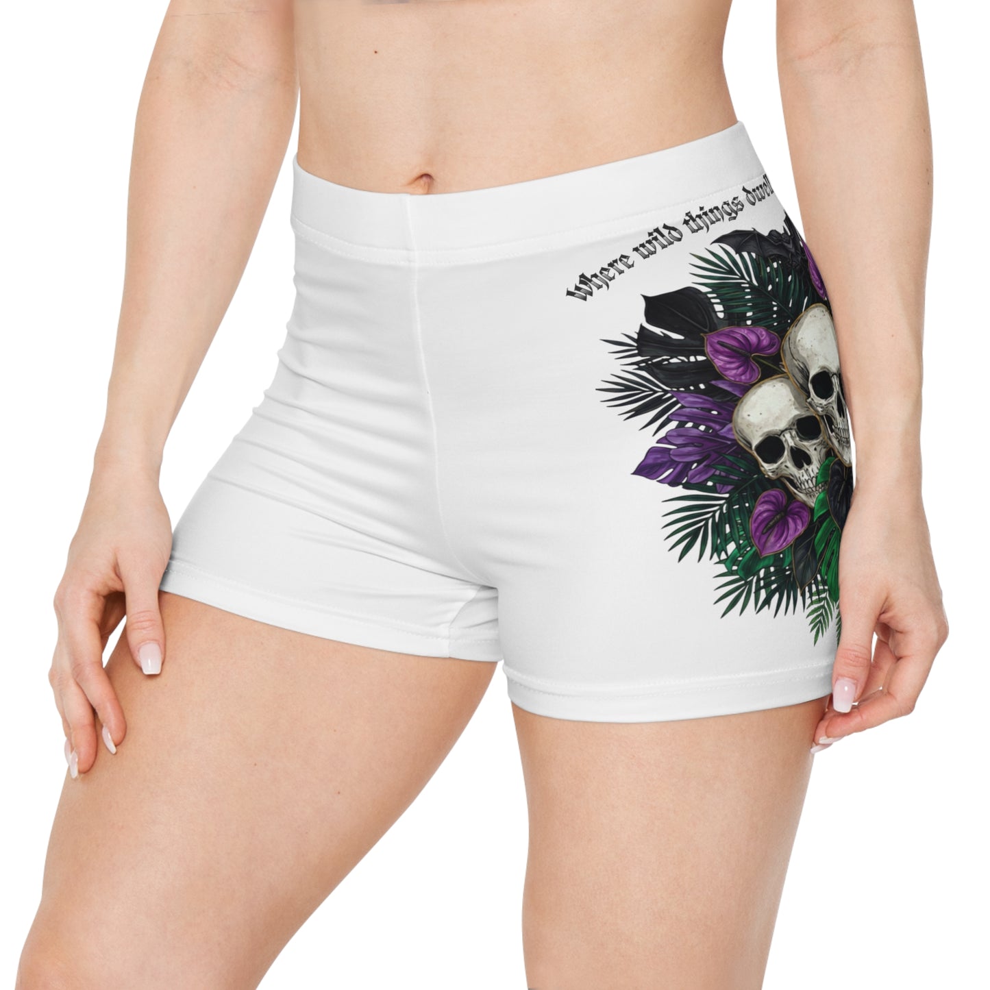 "Where Wild Things Dwell, Beaty Remains" - Skull & Tropical Floral Women's Shorts —