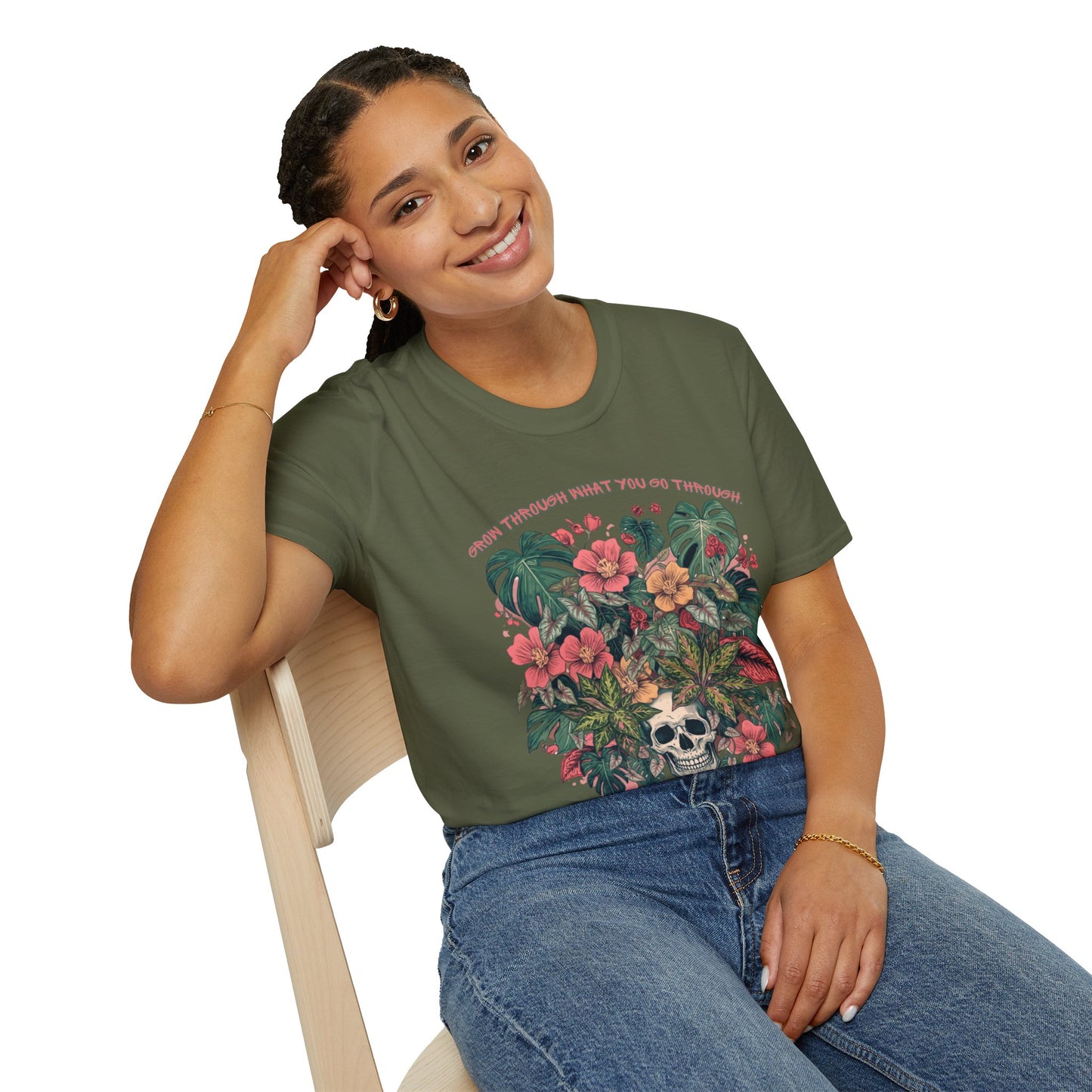 Grow Through What You Go Through - Floral Skull T-Shirt — "Grow Through What You Go Through" Inspirational Tee