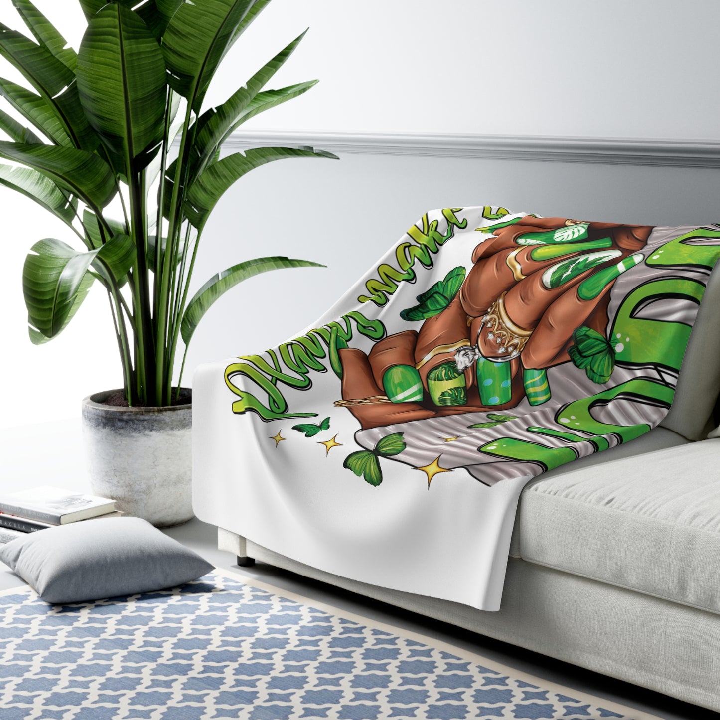 "Plants Make Me Happy"  Sherpa Fleece Blanket — Green Nails Cozy Throw