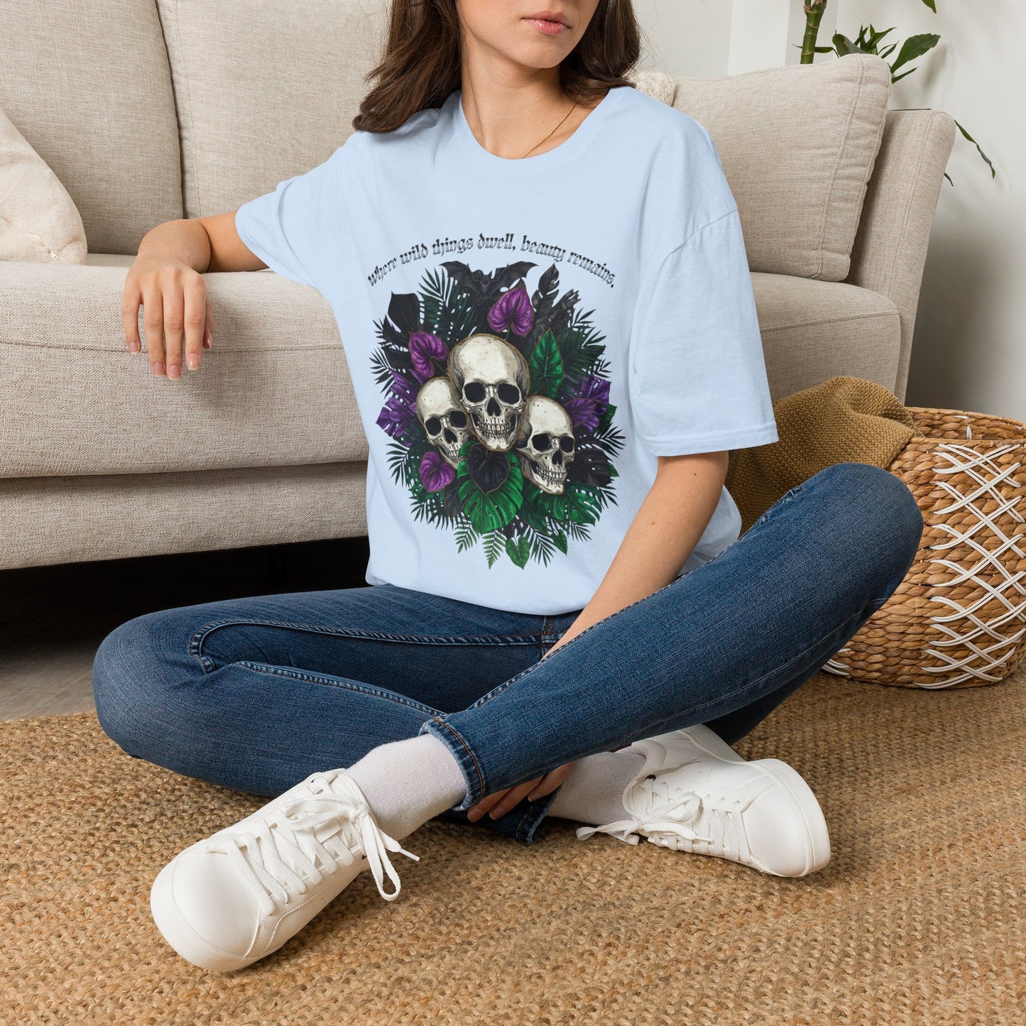 "Where wild things dwell, beauty remains"- Skull Floral Tee
