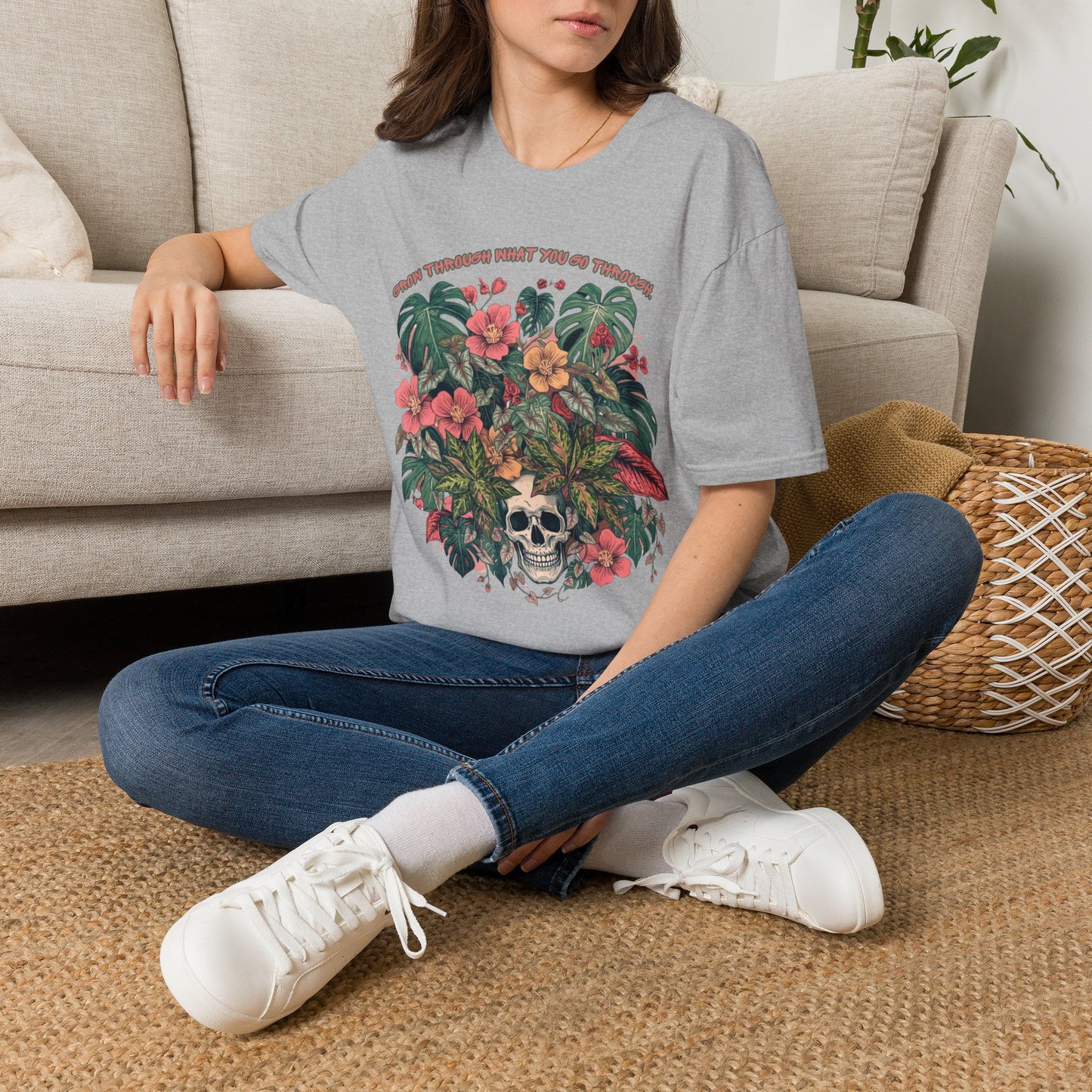 Grow Through What You Go Through - Floral Skull T-Shirt — "Grow Through What You Go Through" Inspirational Tee