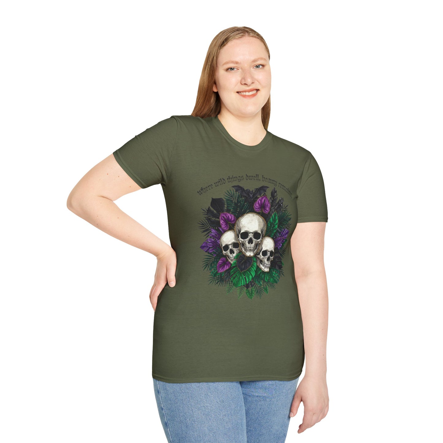 "Where wild things dwell, beauty remains"- Skull Floral Tee