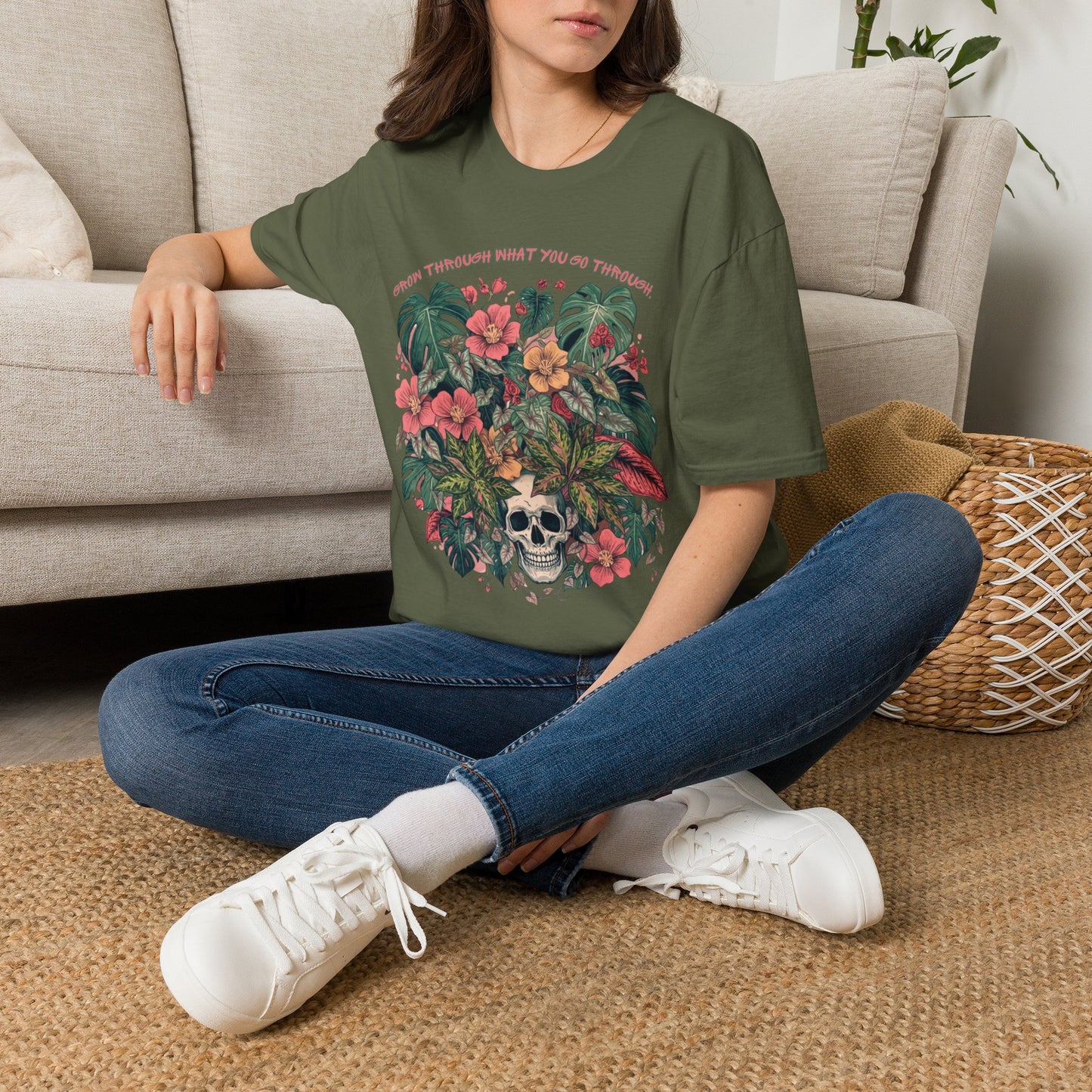 Grow Through What You Go Through - Floral Skull T-Shirt — "Grow Through What You Go Through" Inspirational Tee